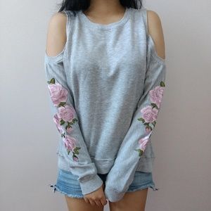 Gray Cold-Shoulder Sweater Pink Flower Sleeves